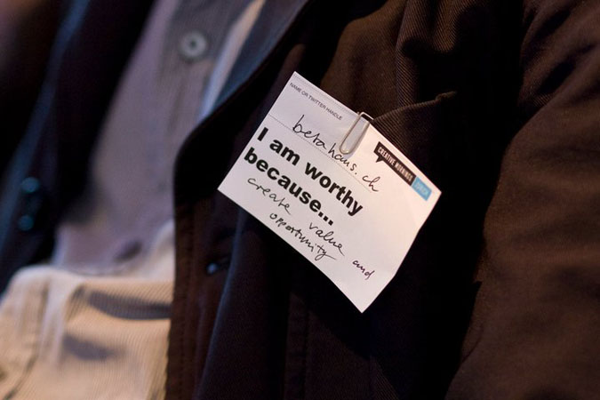 Photo of nametag: I am worthy because... I create value and opportunity